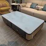 White Marble-Top Coffee Table with Cream Woven Leather Sides and Dark Glossy Frame